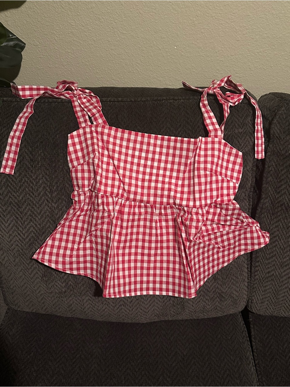 Fashion Nova Red and White Gingham Tie-Strap Peplum Top